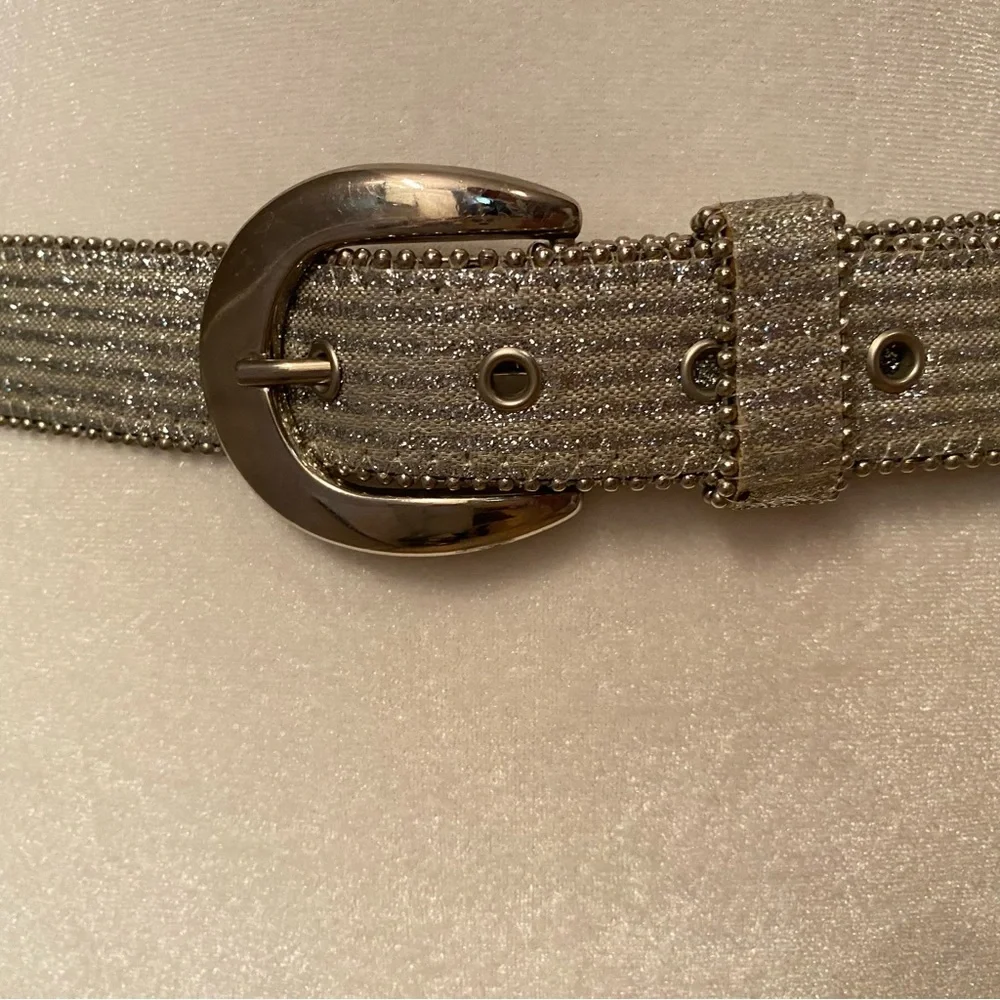 THE ICING BELT SILVER SPARKLE GLITTER METALLIC BEADED EDGES VINTAGE SIZE L